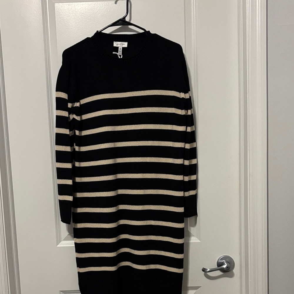 Jessica Simpson Black and Cream Striped Long Sleeve Dress